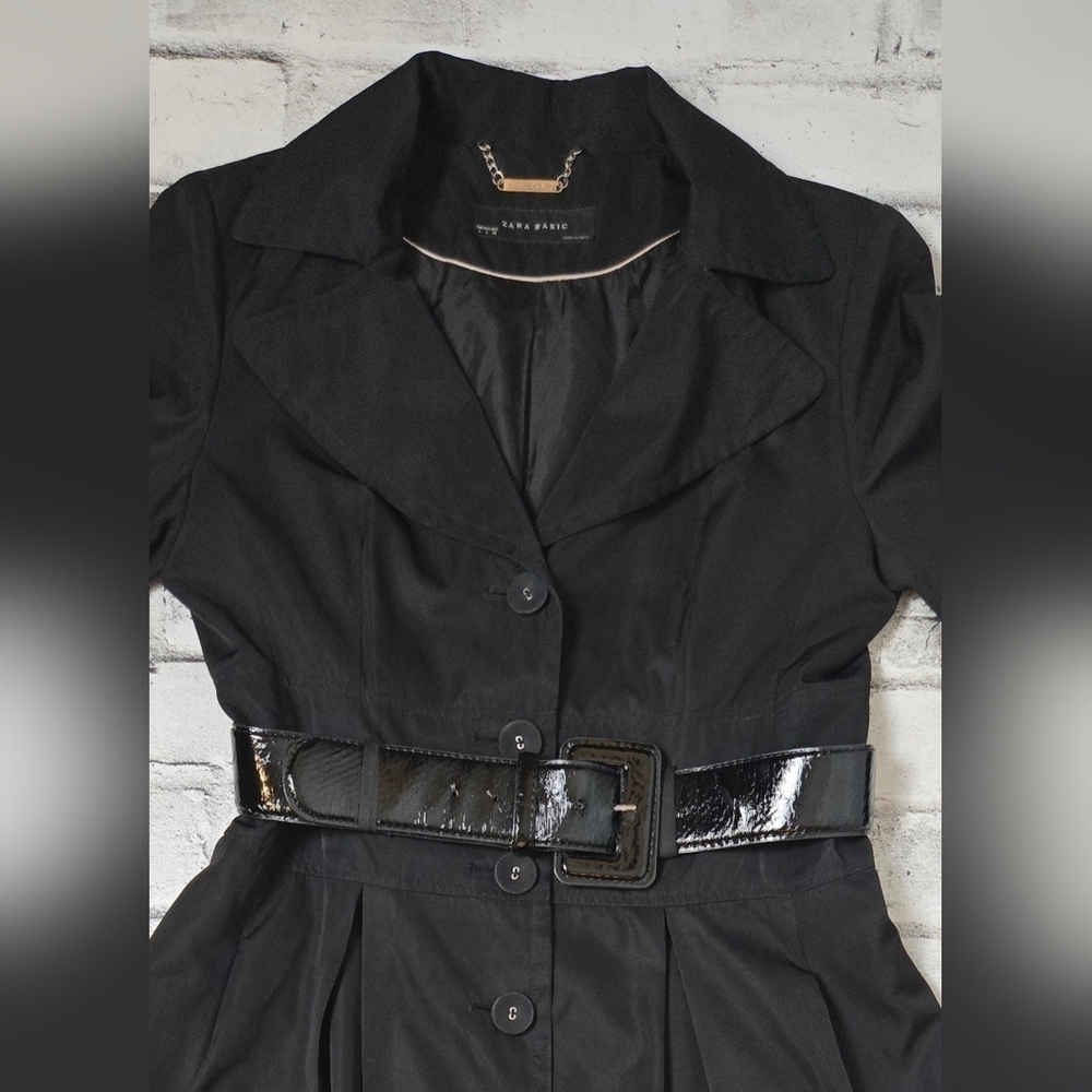 ZARA Black Belted Trench Coat Longline Classic Button Front Size Large - Picture 4 of 15